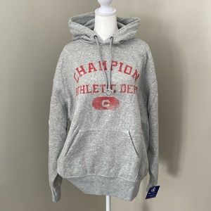 NWT Champion Hoodie in Heather Gray with Red Logo and Gray Lined Hood